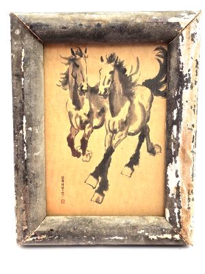 Alter kleiner chinesischer Holzrahmen - Gemälde - Die beiden galoppierenden Pferde