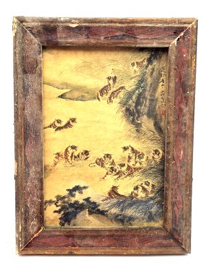 Alter kleiner chinesischer Holzrahmen - Gemälde - Die Tiger