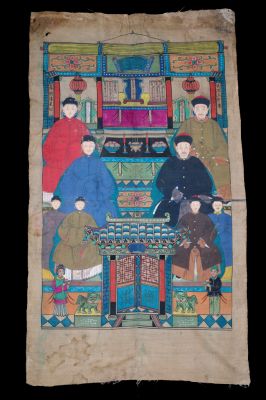 Ancienne Peinture d'ancêtres Chinois sur toile - 8 personnages - Dynastie Qing