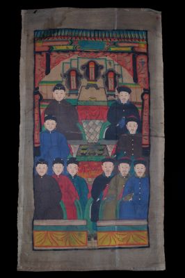 Ancienne Peinture d'ancêtres Chinois sur toile - Famille de dignitaires - 10 personnes