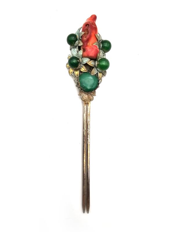 Ancient Chinese Hair Stick - Red coral and jade 1