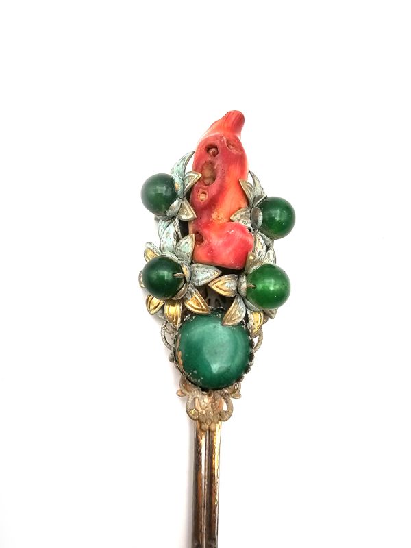 Ancient Chinese Hair Stick - Red coral and jade 2