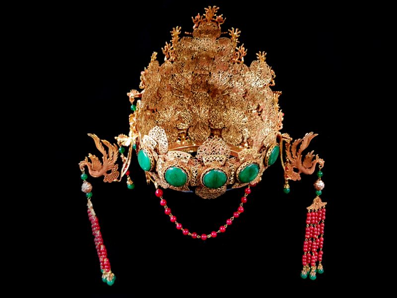 Ancient golden Chinese Theatre Hat - Emperor and Empress -Jade 5