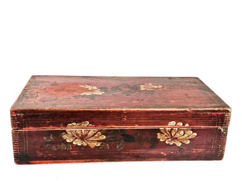 Antique Chinese Red Wooden Chest with Floral Decor 1