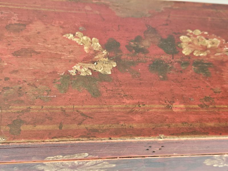 Antique Chinese Red Wooden Chest with Floral Decor 3