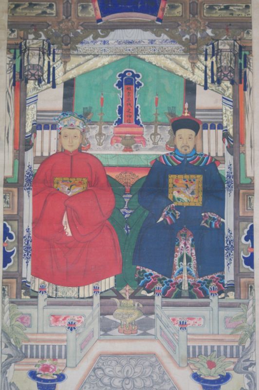 Antique - Very large Chinese ancestors portrait painting - Qing Dynasty - Chinese dignitary couple 2