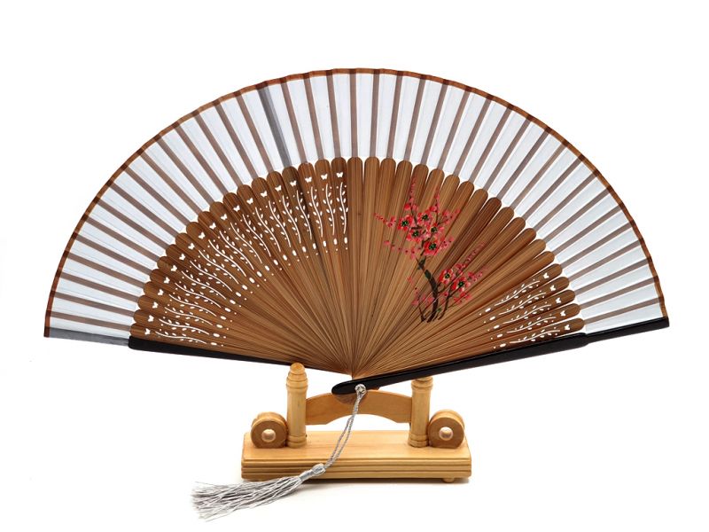 Asian Hand fan - Hand Painted - Cherry blossoms - Grey 1