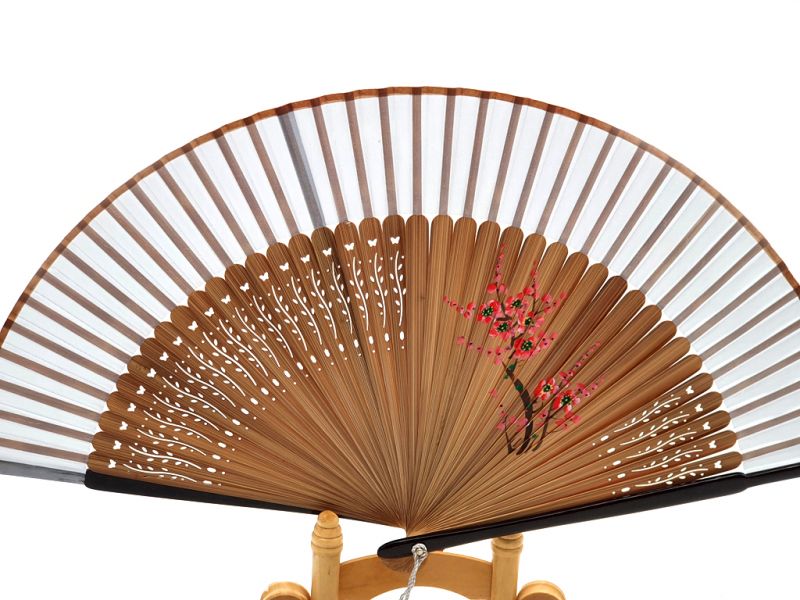 Asian Hand fan - Hand Painted - Cherry blossoms - Grey 2