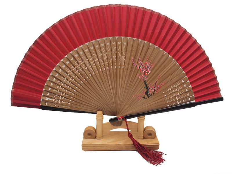 Asian Hand fan - Hand Painted - Cherry blossoms - red and brown 1