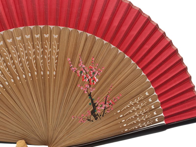 Asian Hand fan - Hand Painted - Cherry blossoms - red and brown 2