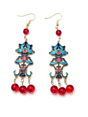 Boucles d'oreilles chinoises en émail - Cloisonné - Fleur et signe chinois