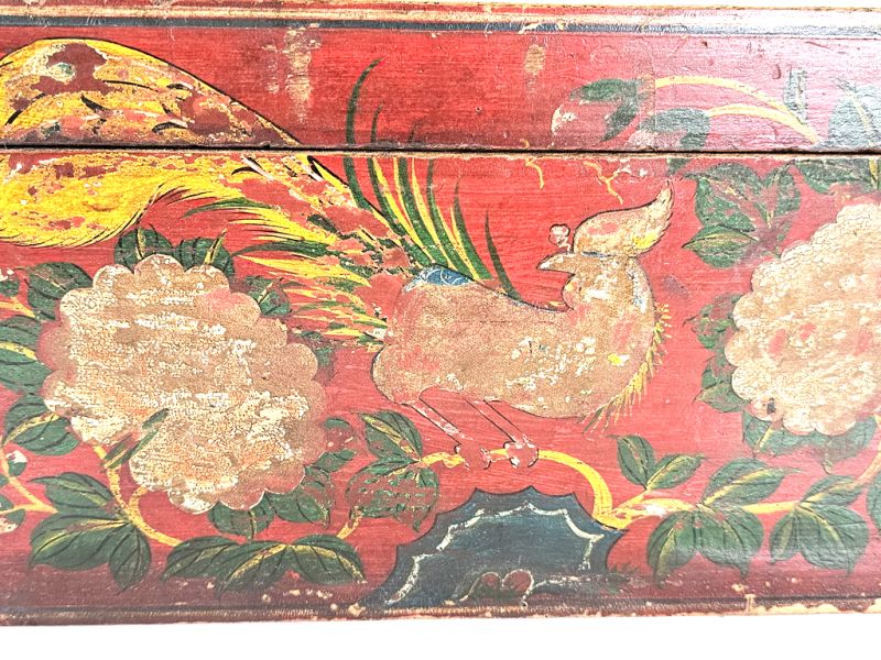 Chinese Antique - Red Wooden Chest with Painted Birds and Flowers 2