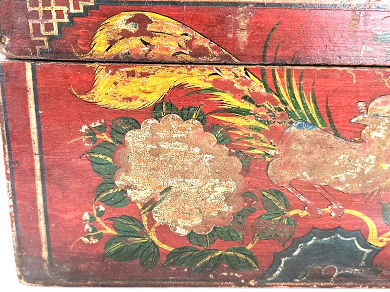 Chinese Antique - Red Wooden Chest with Painted Birds and Flowers 3