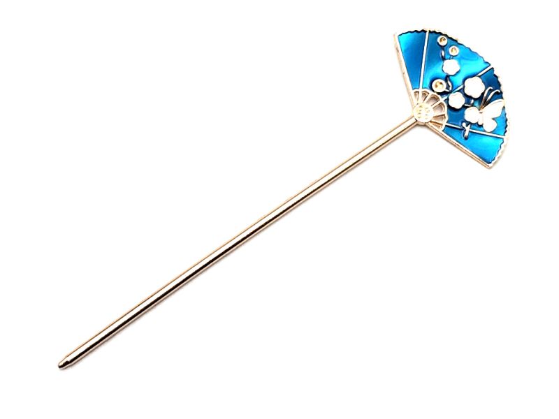 Chinese Cloisonné Enamel Hair Stick - Japanese Fan - Navy Blue 1