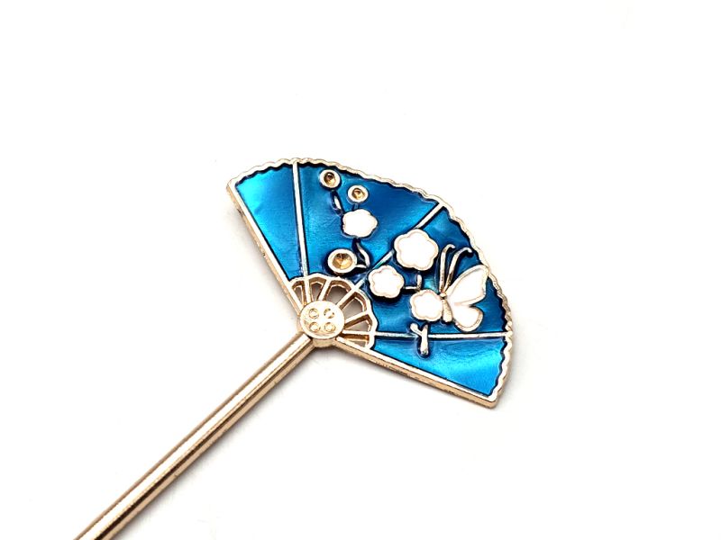 Chinese Cloisonné Enamel Hair Stick - Japanese Fan - Navy Blue 2