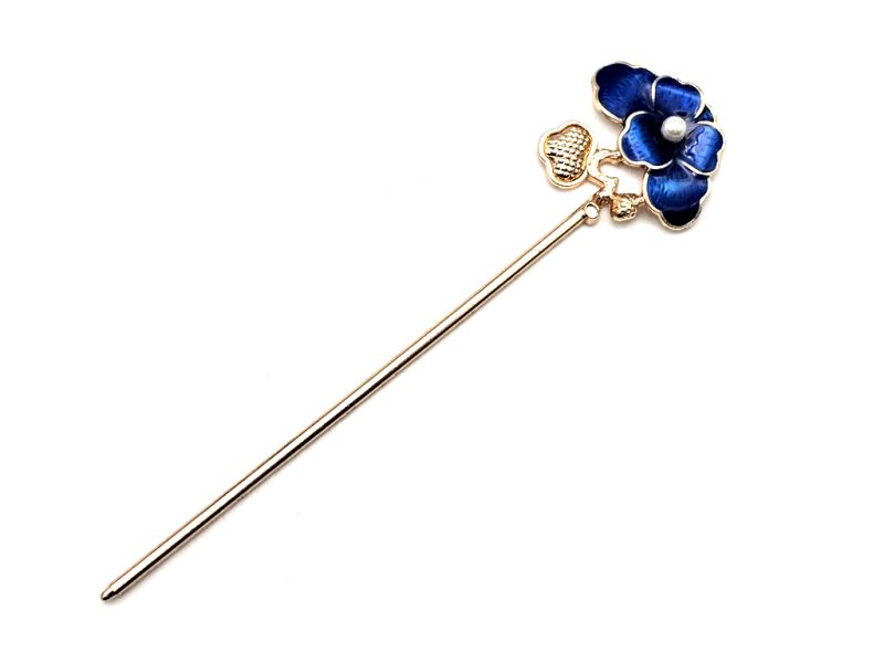 Chinese Cloisonné Enamel Hair Stick - Small flower - Navy blue 1