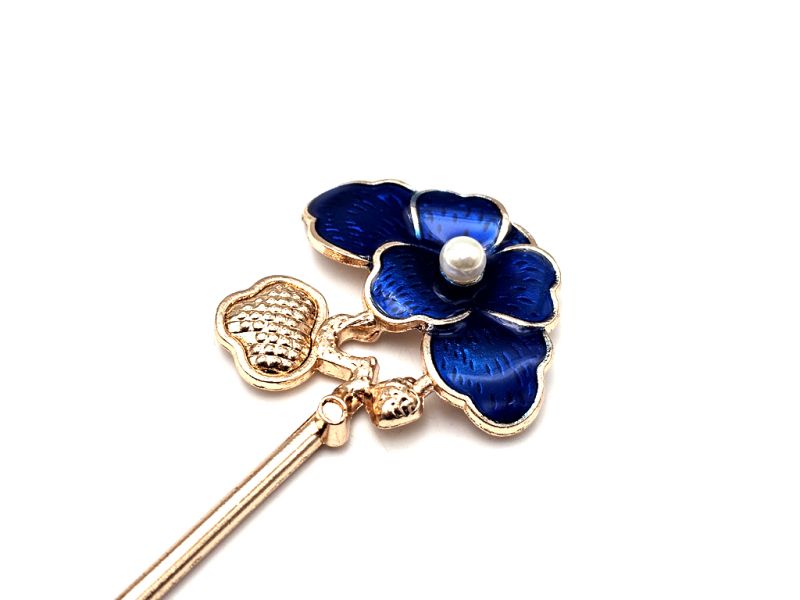 Chinese Cloisonné Enamel Hair Stick - Small flower - Navy blue 2