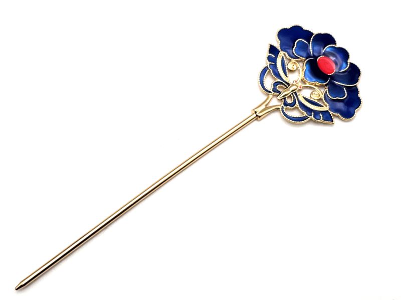 Chinese Cloisonné Enamel Hair Stick - The red and blue Camellia 1