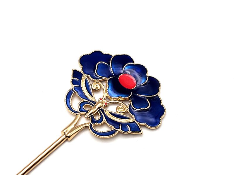 Chinese Cloisonné Enamel Hair Stick - The red and blue Camellia 2