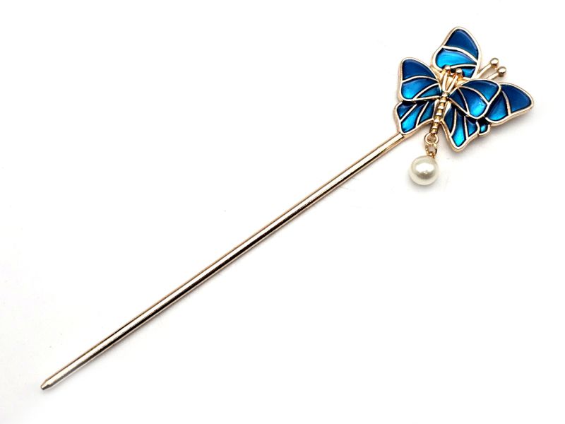 Chinese Cloisonné Enamel Hair Stick - The two butterflies - Navy blue 1