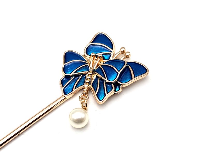 Chinese Cloisonné Enamel Hair Stick - The two butterflies - Navy blue 2