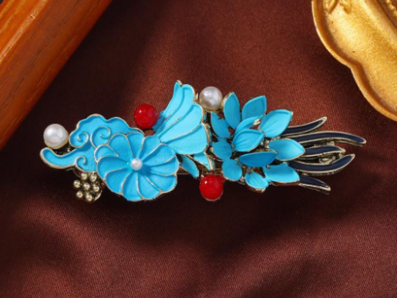 Chinese enamel barrette - Cloisonné - Cloud, flowers and leaves 1