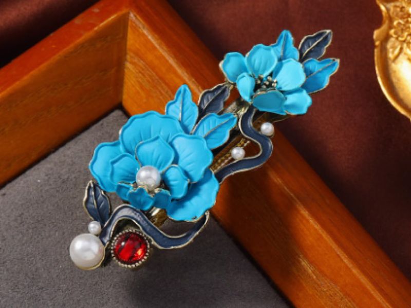 Chinese enamel barrette - Cloisonné - Flowers - Sky blue and navy blue 1