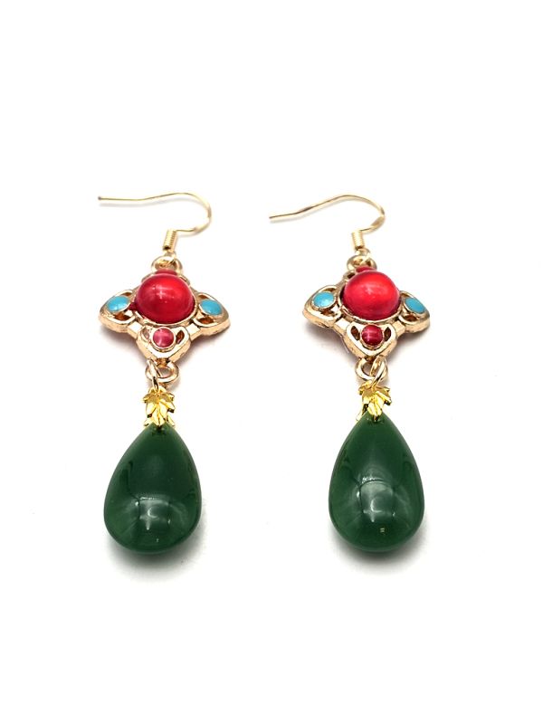 Chinese Enamel Earrings - Cloisonné - Green pearl 2