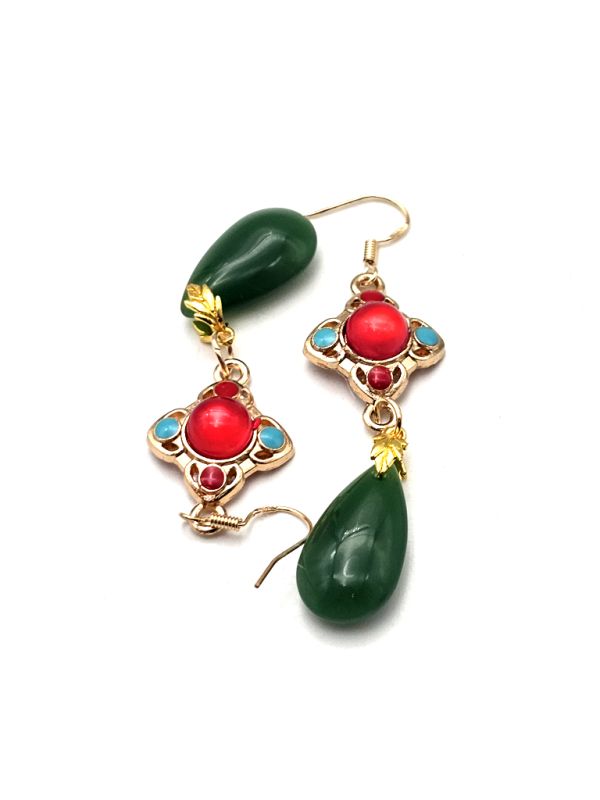 Chinese Enamel Earrings - Cloisonné - Green pearl 3