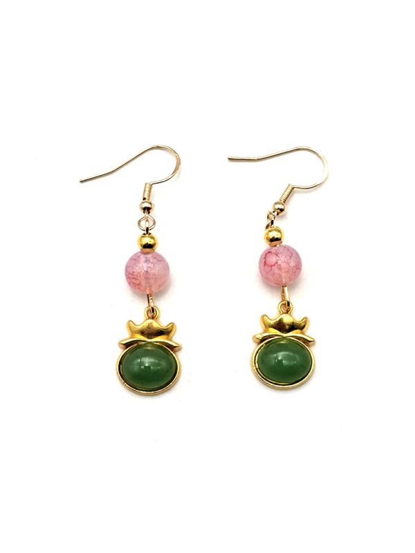 Chinese Enamel Earrings - Cloisonné - Pink and green pearls 1