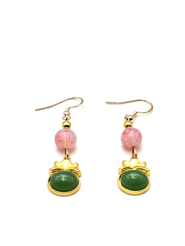 Chinese Enamel Earrings - Cloisonné - Pink and green pearls 2