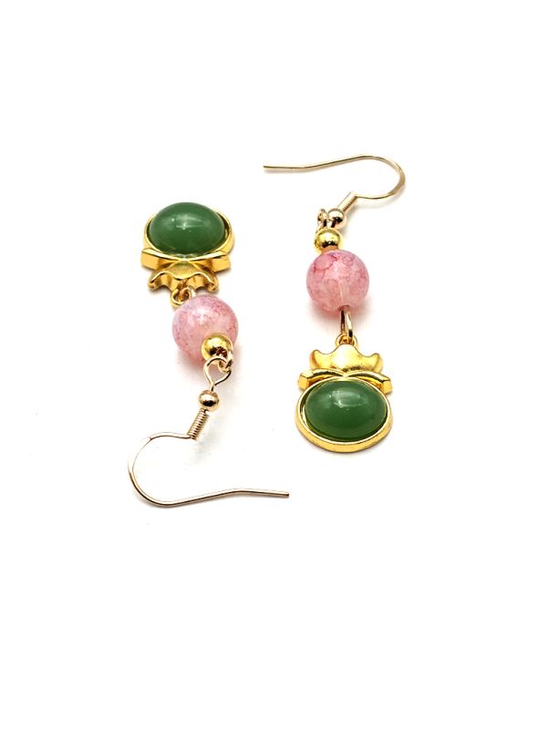 Chinese Enamel Earrings - Cloisonné - Pink and green pearls 3