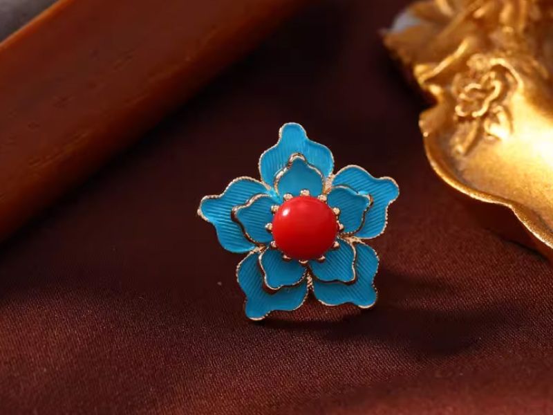 Chinese Enamel Pin - Cloisonné - Flower - Red pearl 1