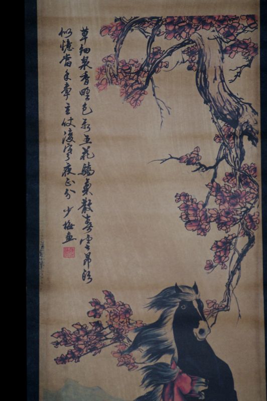 Chinesische Gemälde Kakemono Der Kirschbaum und die Pferde 3