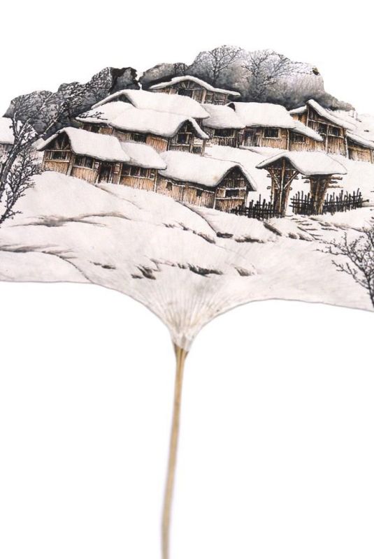 Chinesische Malerei am Baumblatt - Haus unter dem Schnee 3