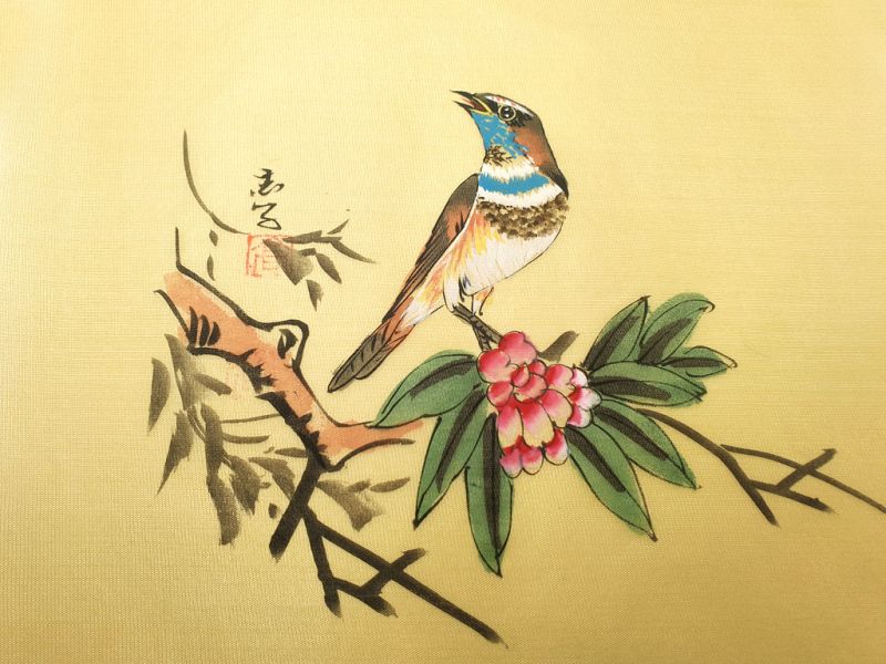 Chinesische Malerei auf Seide zum Rahmen - Der Vogel auf der Blume 2