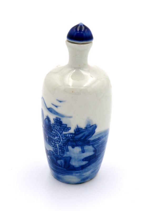 Chinesische Porzellan Schnupftabakflasche - Weiß und Blau - Landschaft 4 3