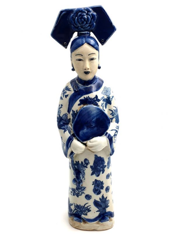 Estatua china de porcelana emperatriz blanco y azul - Ventiladores 1