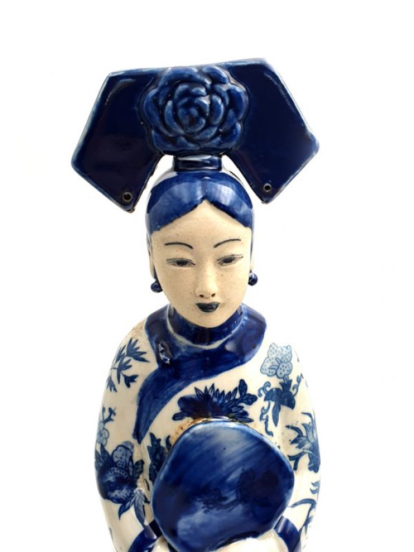 Estatua china de porcelana emperatriz blanco y azul - Ventiladores 2