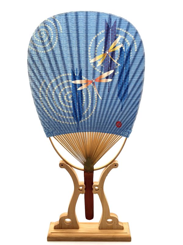 Japanese Hand Fan - Uchiwa - Wood and Paper - Dragonflies on the water 1