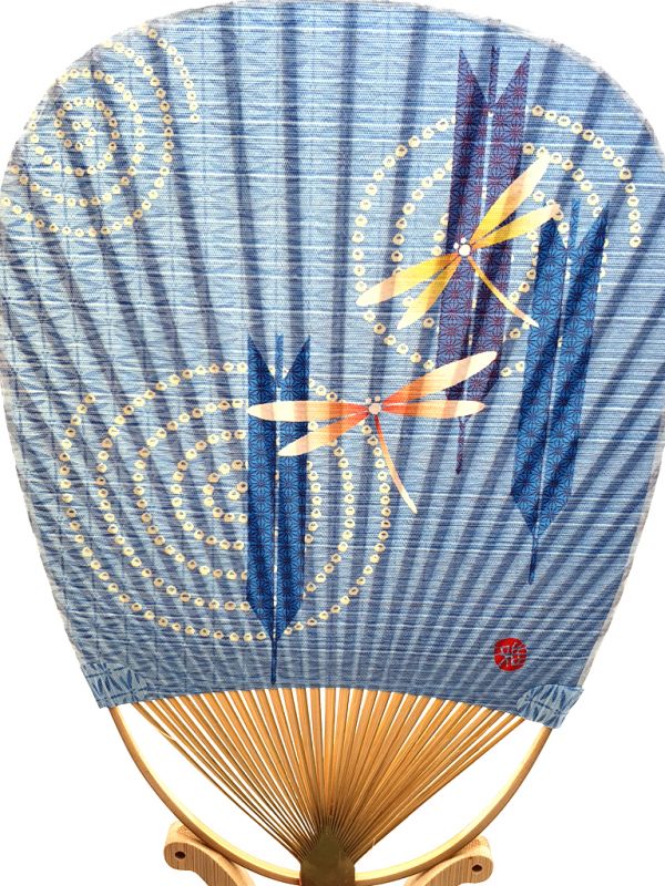 Japanese Hand Fan - Uchiwa - Wood and Paper - Dragonflies on the water 2