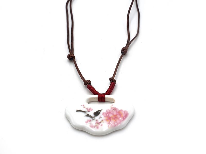 Keramik Schmuck - Blumen von China Kollektion - Halskette - Vogel auf einem Kirschbaum 2