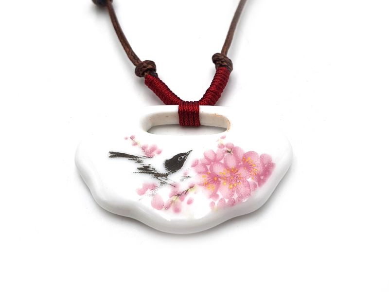 Keramik Schmuck - Blumen von China Kollektion - Halskette - Vogel auf einem Kirschbaum 4