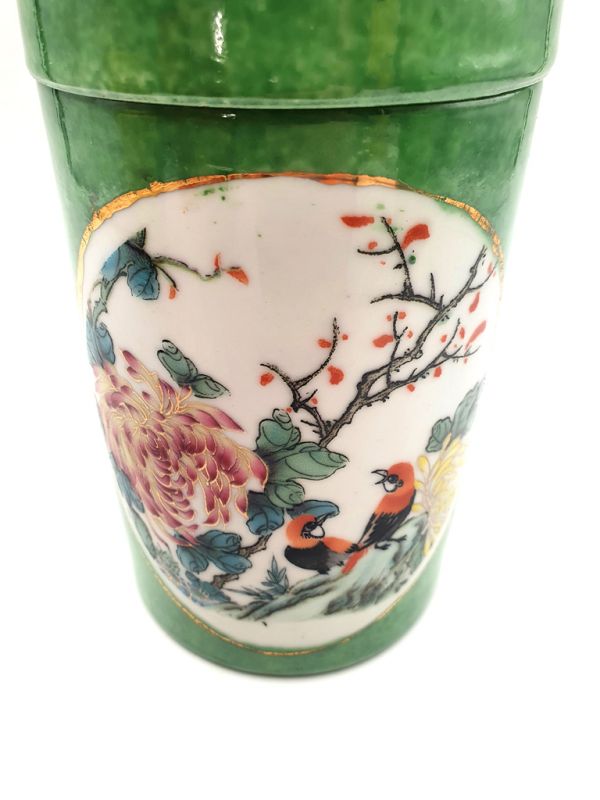 Kleine Chinesische Vase Porzellan - Farbig - Grün - Vögel auf einem Ast 4