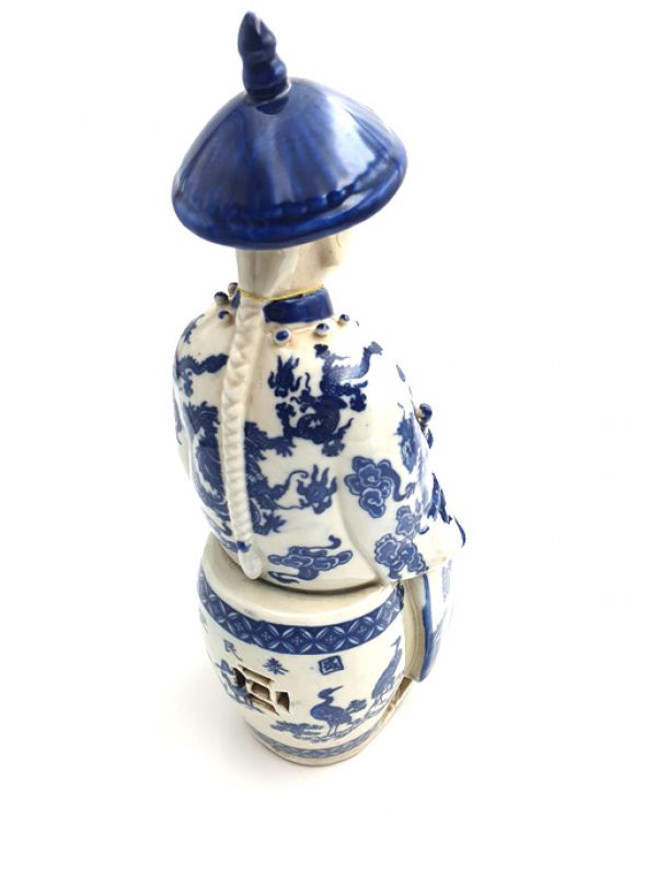 Old Chinese Mandarin Sitting blue and white statue 4