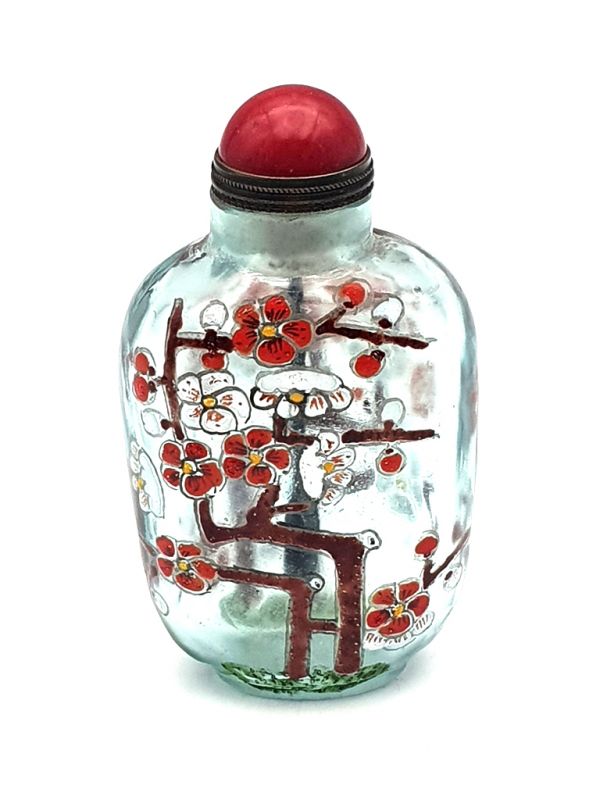 Old Chinese snuff bottle - Blown glass - Flowering tree - Red 1