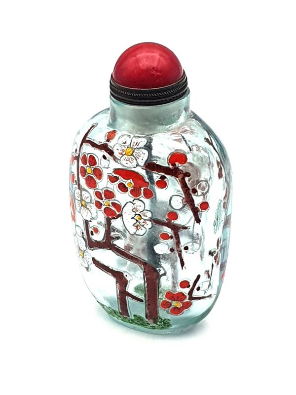 Old Chinese snuff bottle - Blown glass - Flowering tree - Red 2