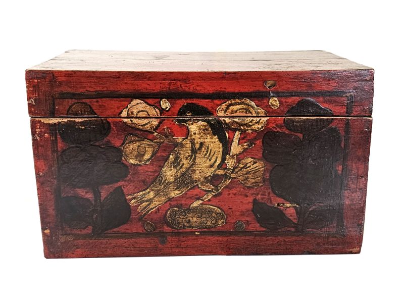 Old Red Wooden Chest - Traditional Chinese Birds and Flowers 2