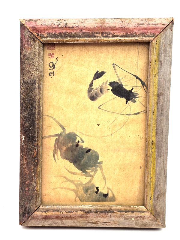 Old small Chinese wooden frame - Painting - Crab and shrimp 1