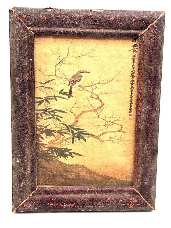 Old small Chinese wooden frame - Painting - L'oiseau sur la branche 1